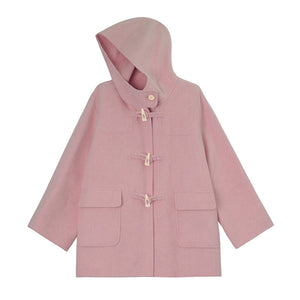 WOOL HOODED HORN-BUTTONED TWEED COAT
