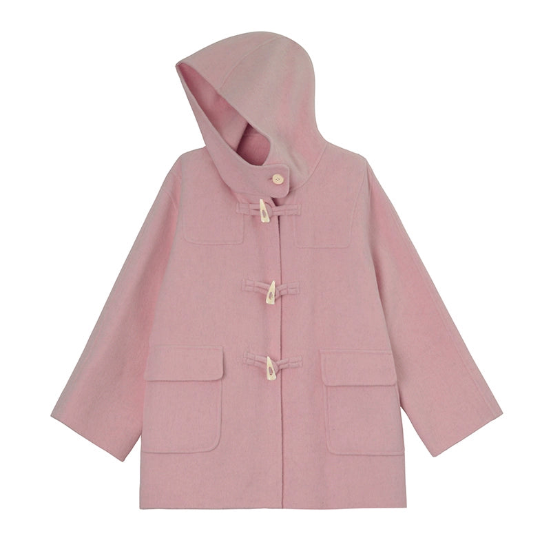 WOOL HOODED HORN-BUTTONED TWEED COAT