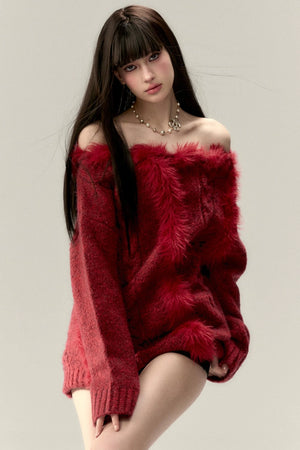 Wool Knit Slanted Shoulder Sweater