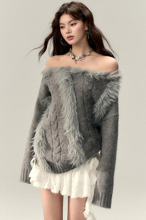 Wool Knit Slanted Shoulder Sweater
