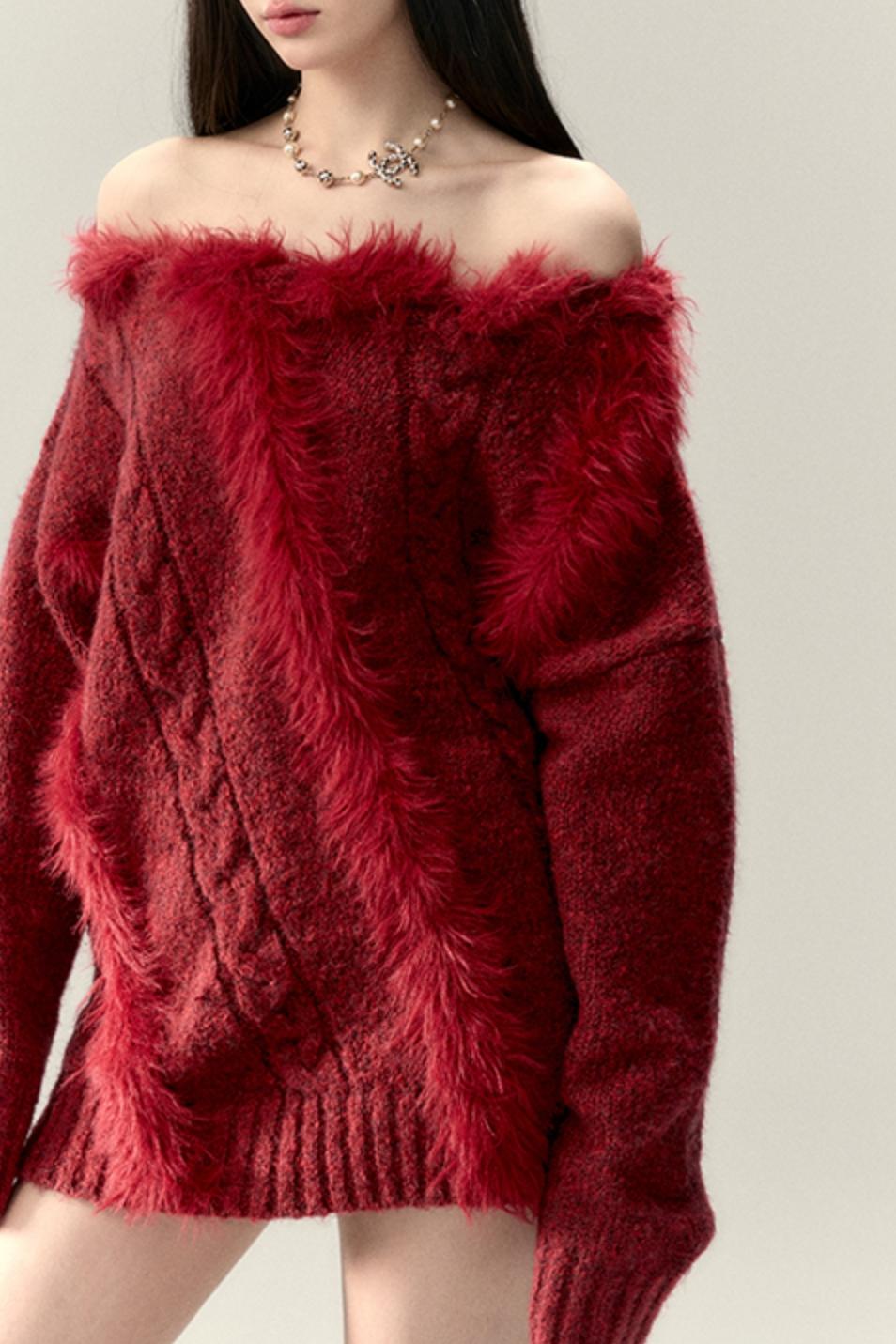 Wool Knit Slanted Shoulder Sweater