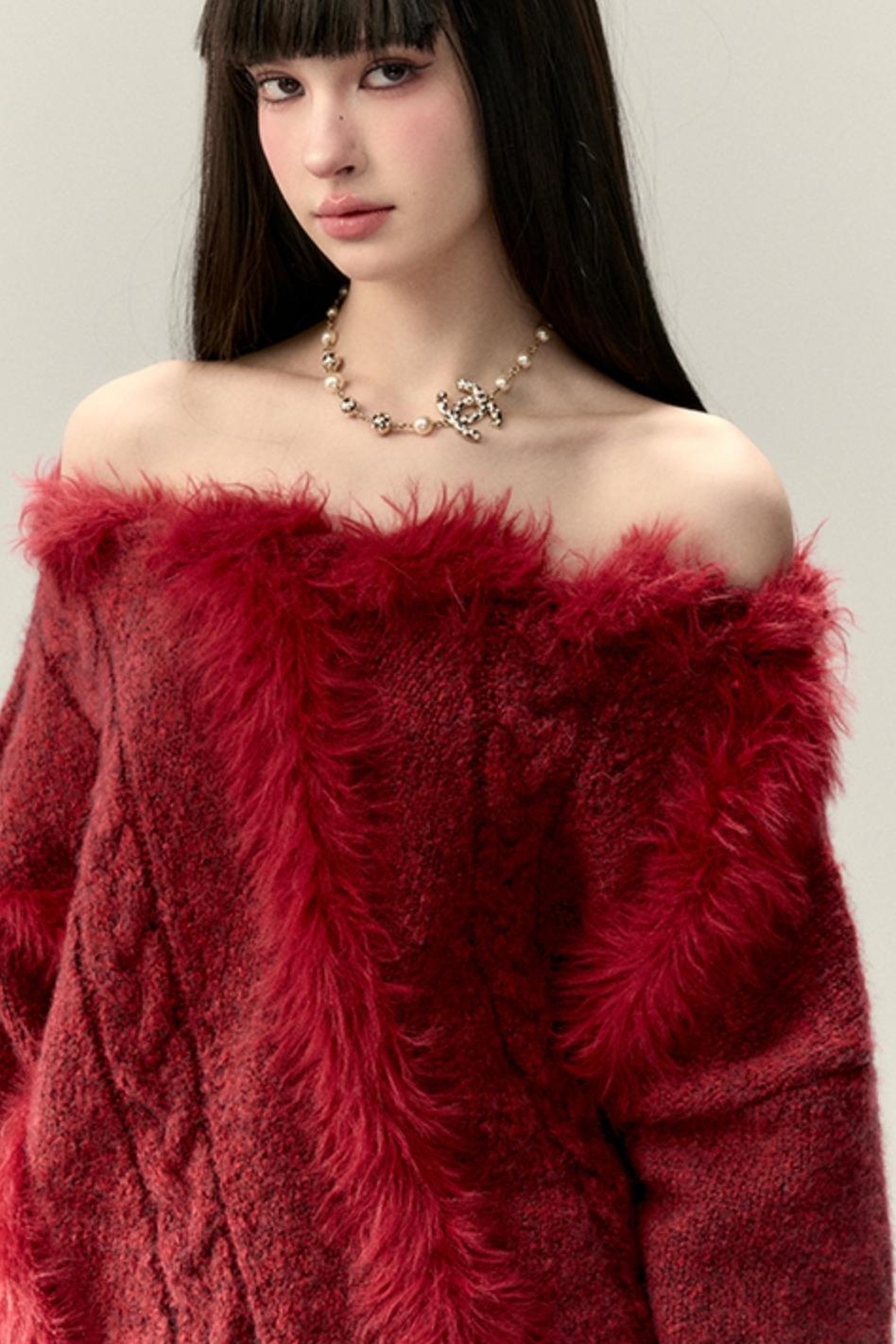 Wool Knit Slanted Shoulder Sweater