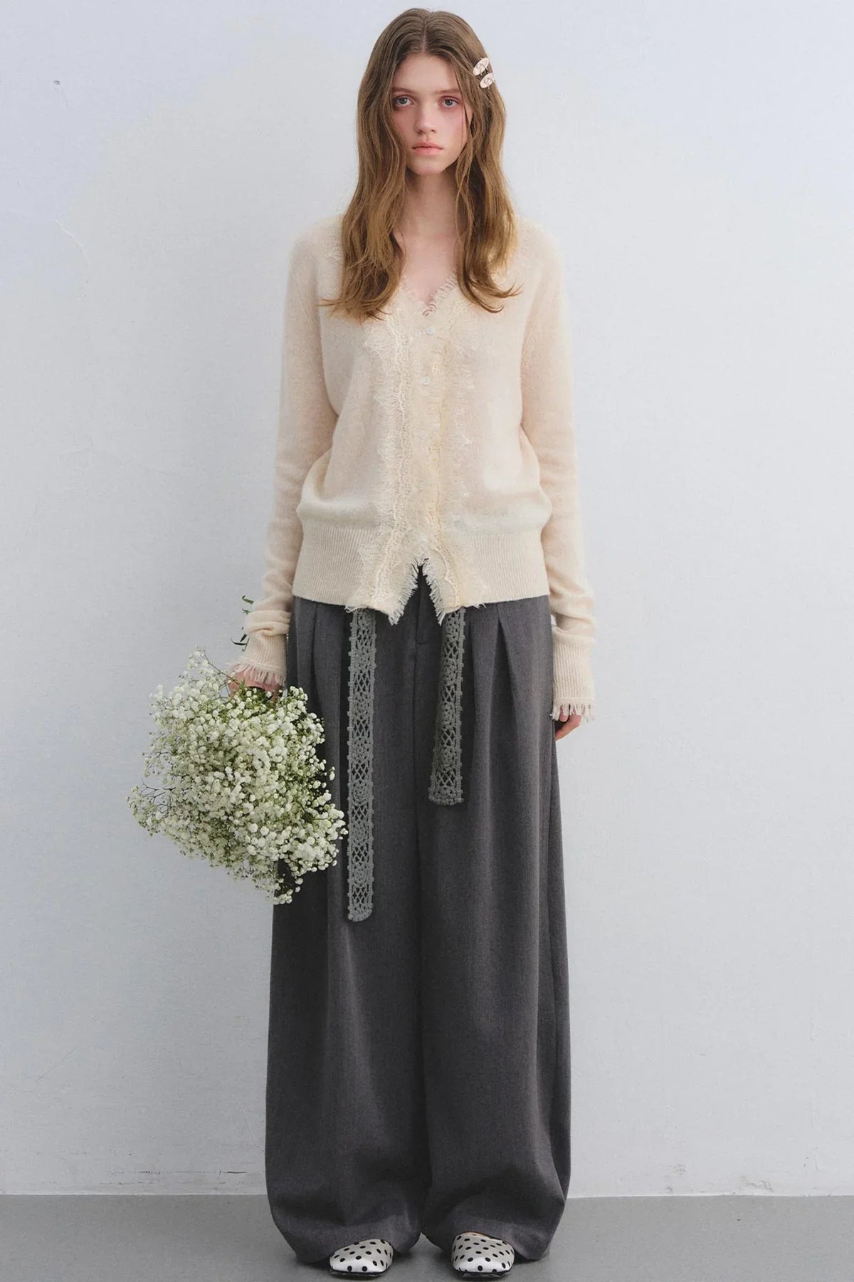 Wool Lace V-Neck Knit Top