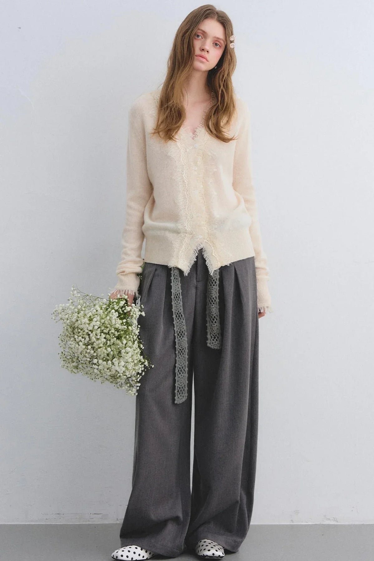 Wool Lace V-Neck Knit Top