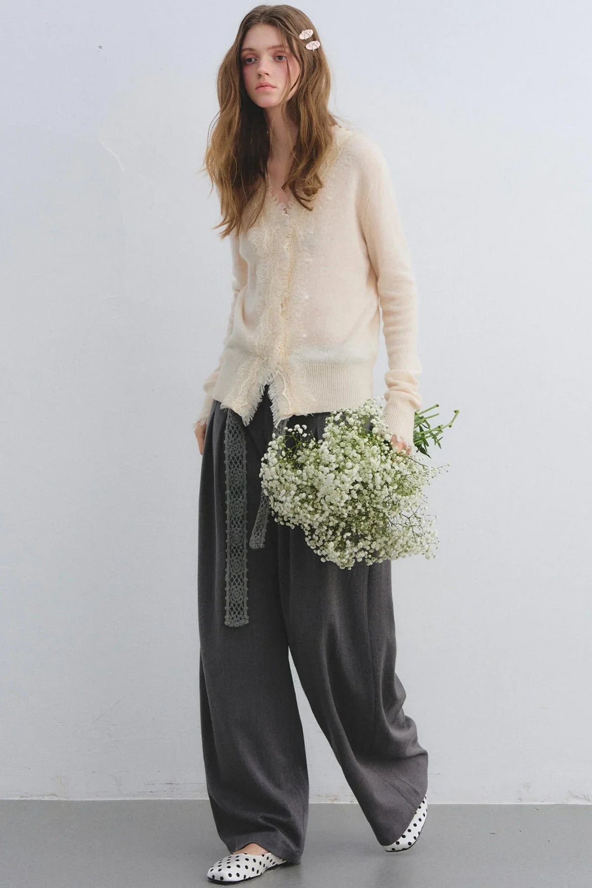 Wool Lace V-Neck Knit Top