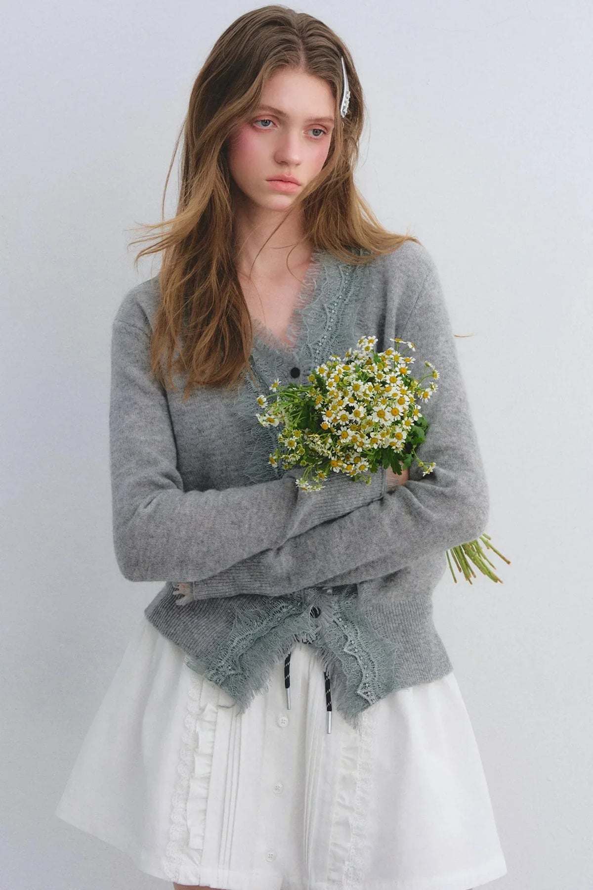 Wool Lace V-Neck Knit Top