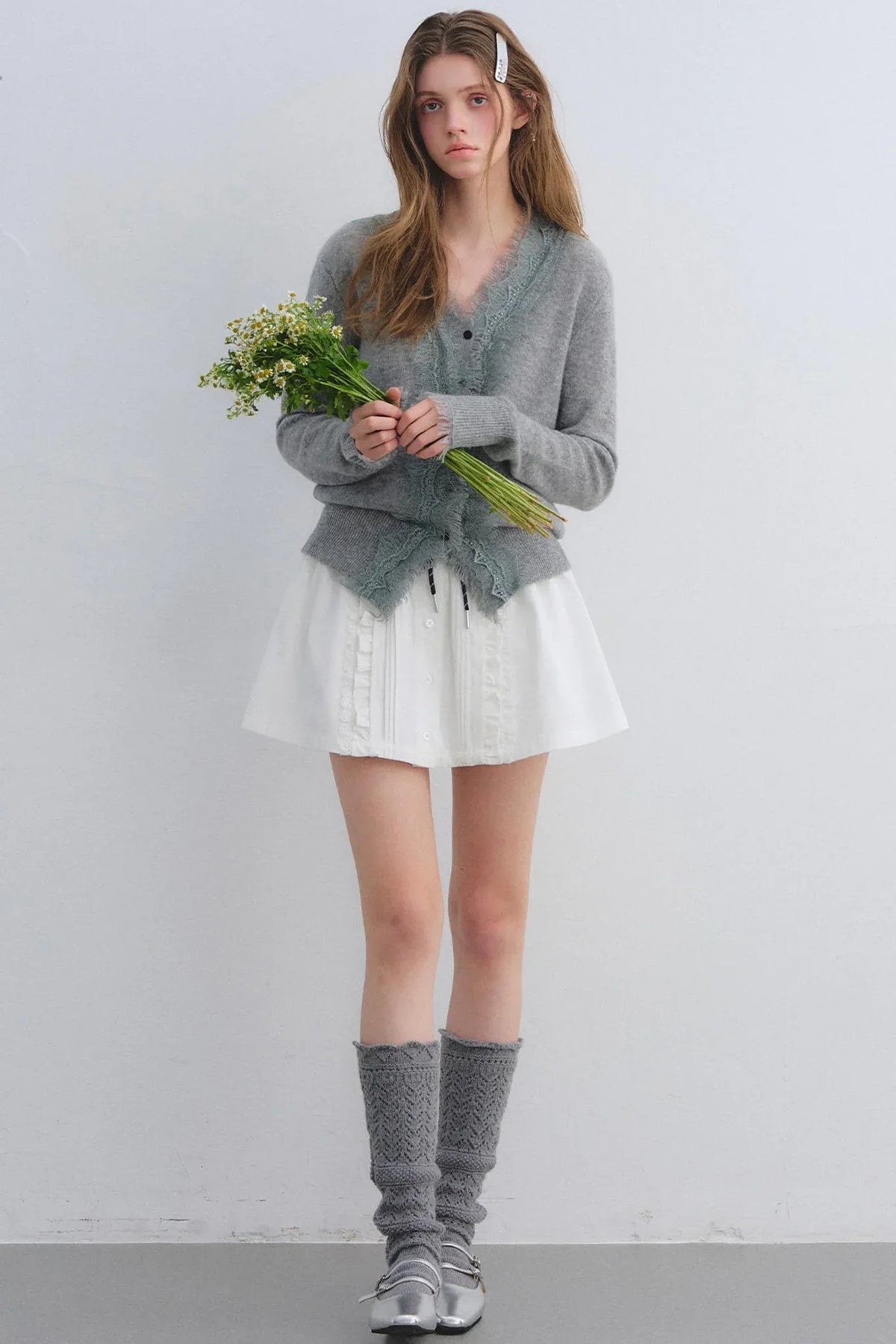 Wool Lace V-Neck Knit Top