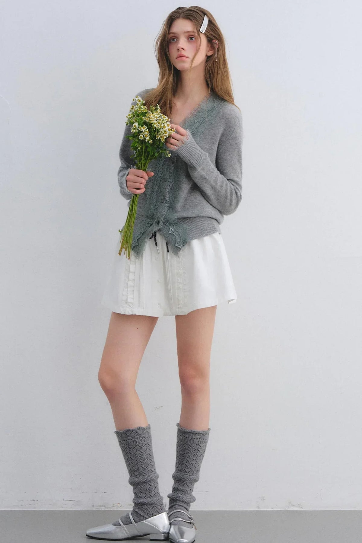 Wool Lace V-Neck Knit Top