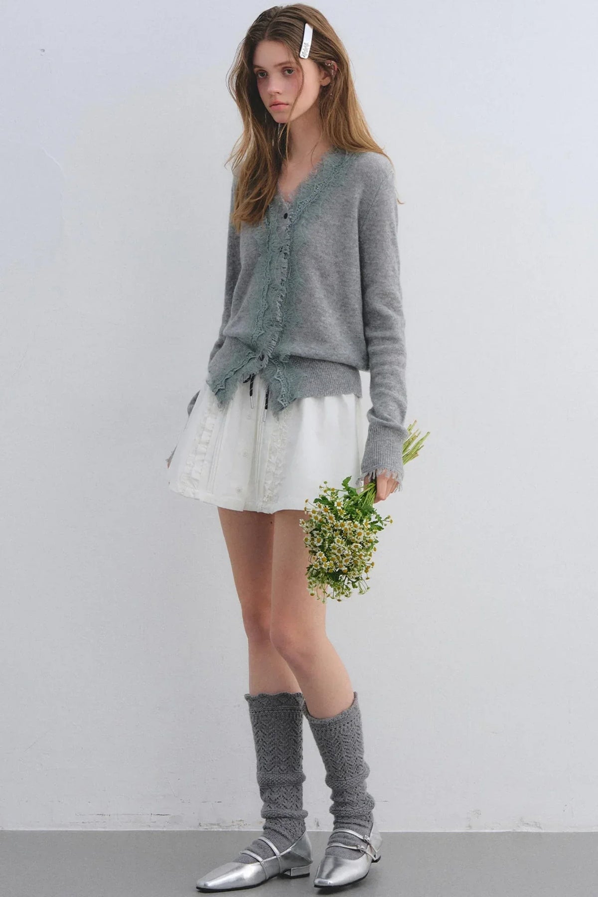 Wool Lace V-Neck Knit Top