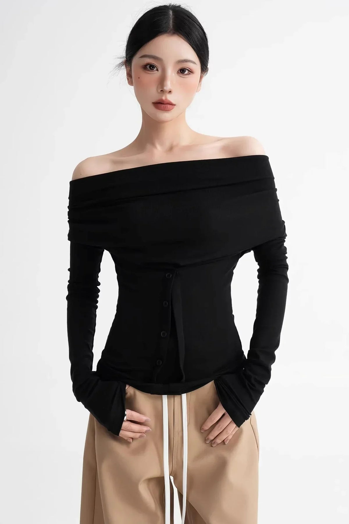 Wool Lyocell Off-Shoulder Top