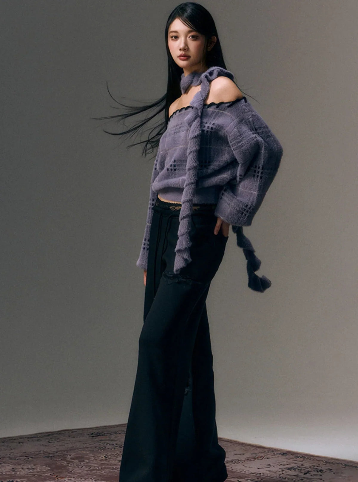 Wool Shoulder Sweater with Ruffled Scarf