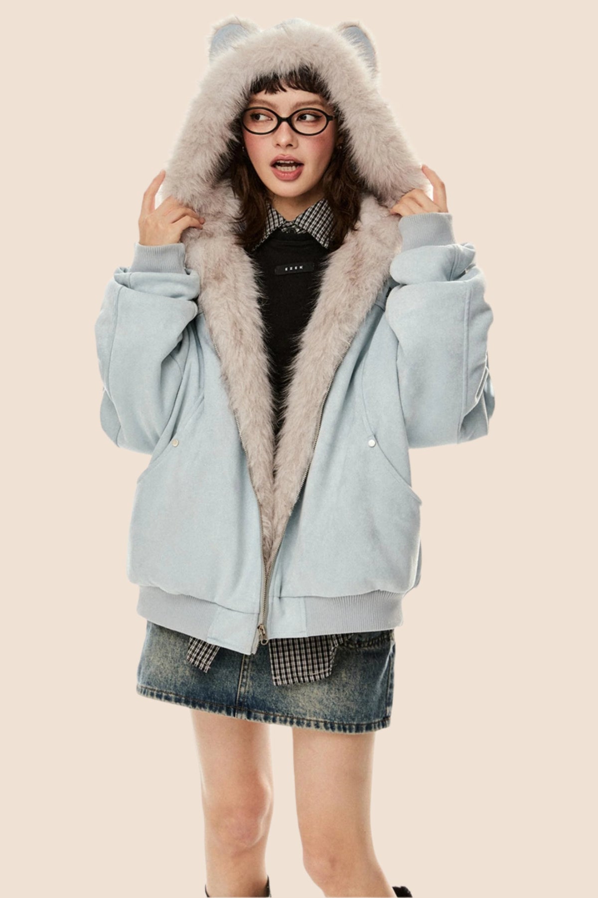 Wool Suede Fur Hooded Jacket