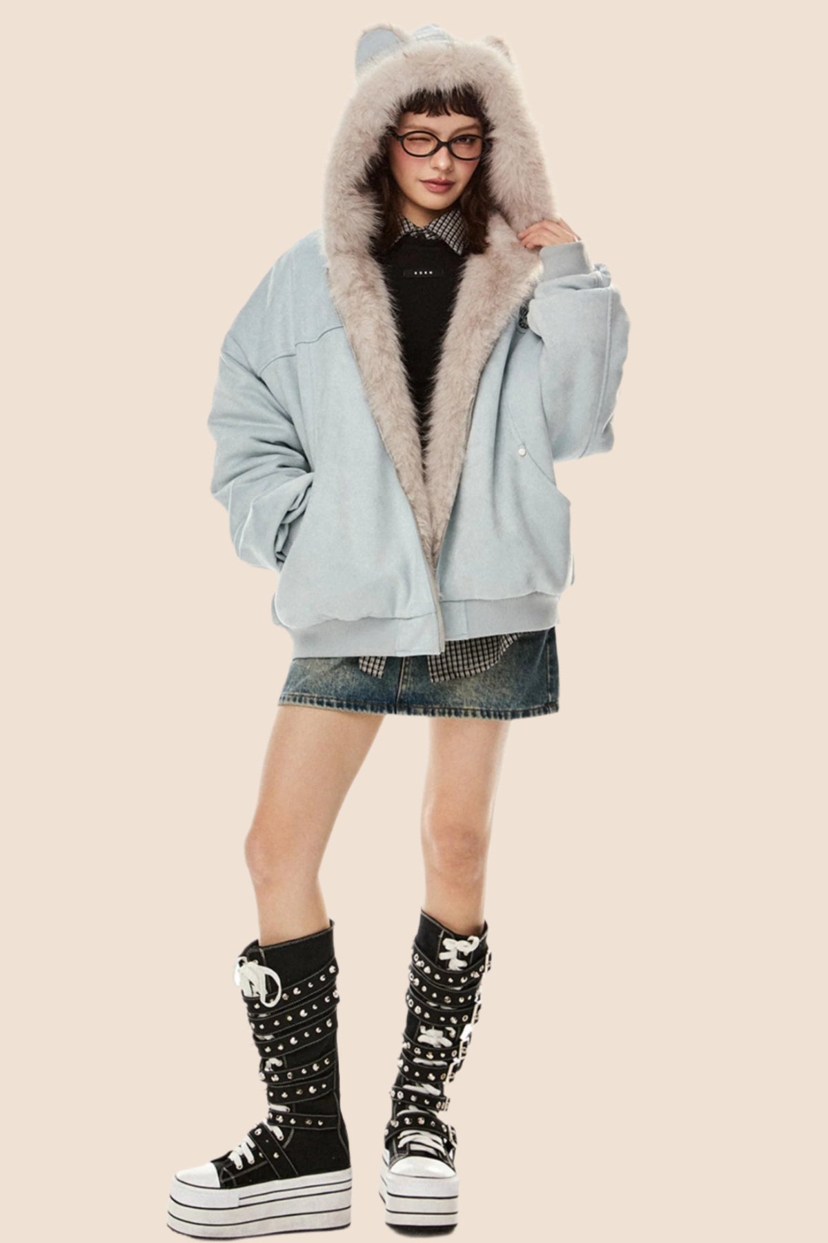 Wool Suede Fur Hooded Jacket