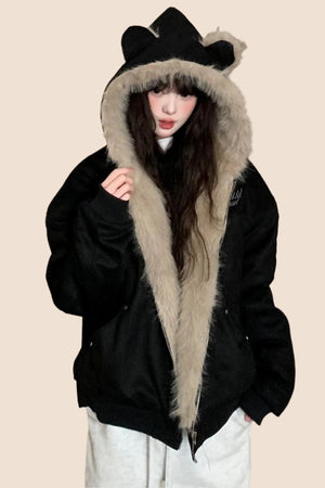 Wool Suede Fur Hooded Jacket
