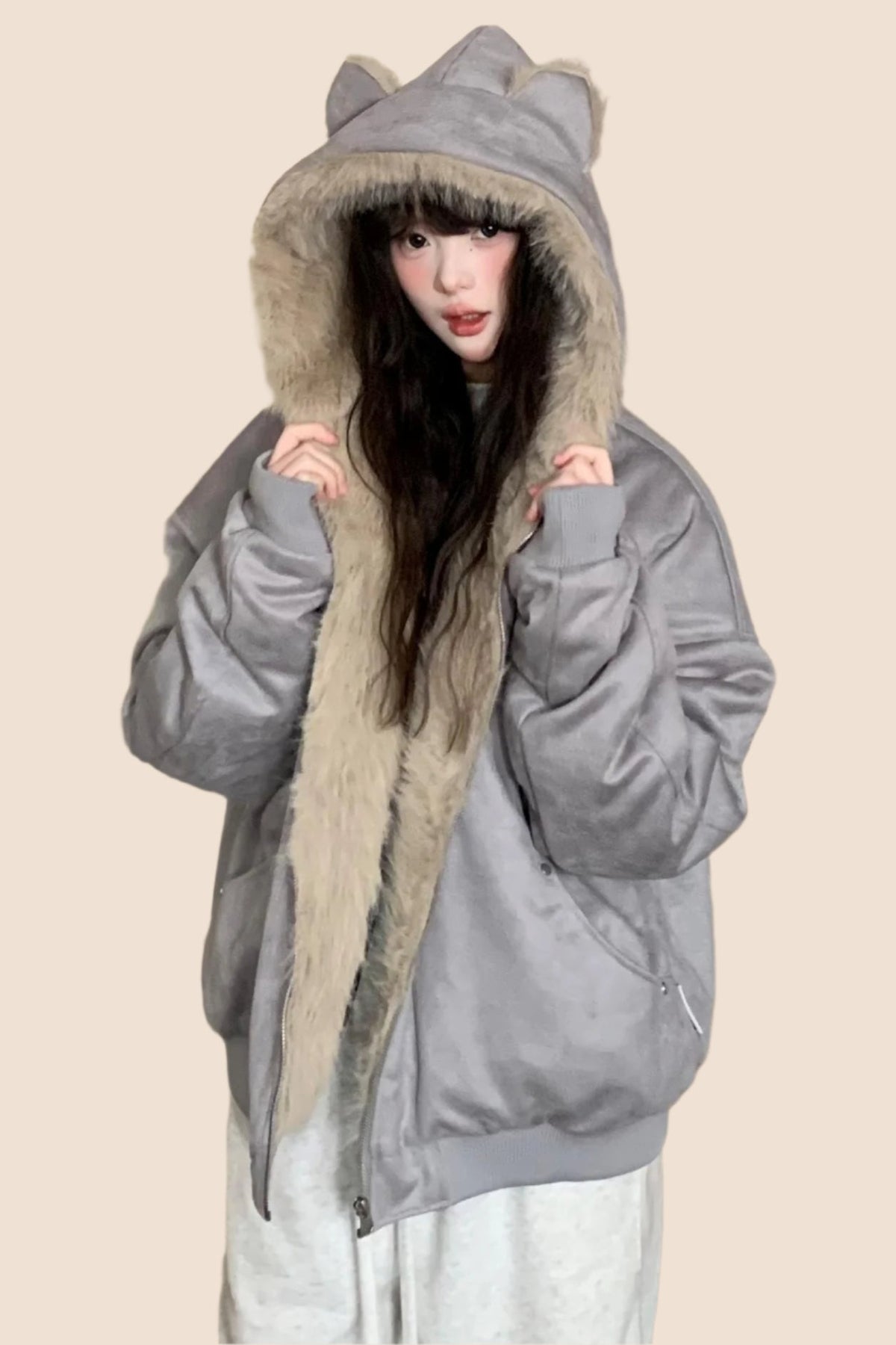 Wool Suede Fur Hooded Jacket