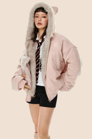Wool Suede Fur Hooded Jacket