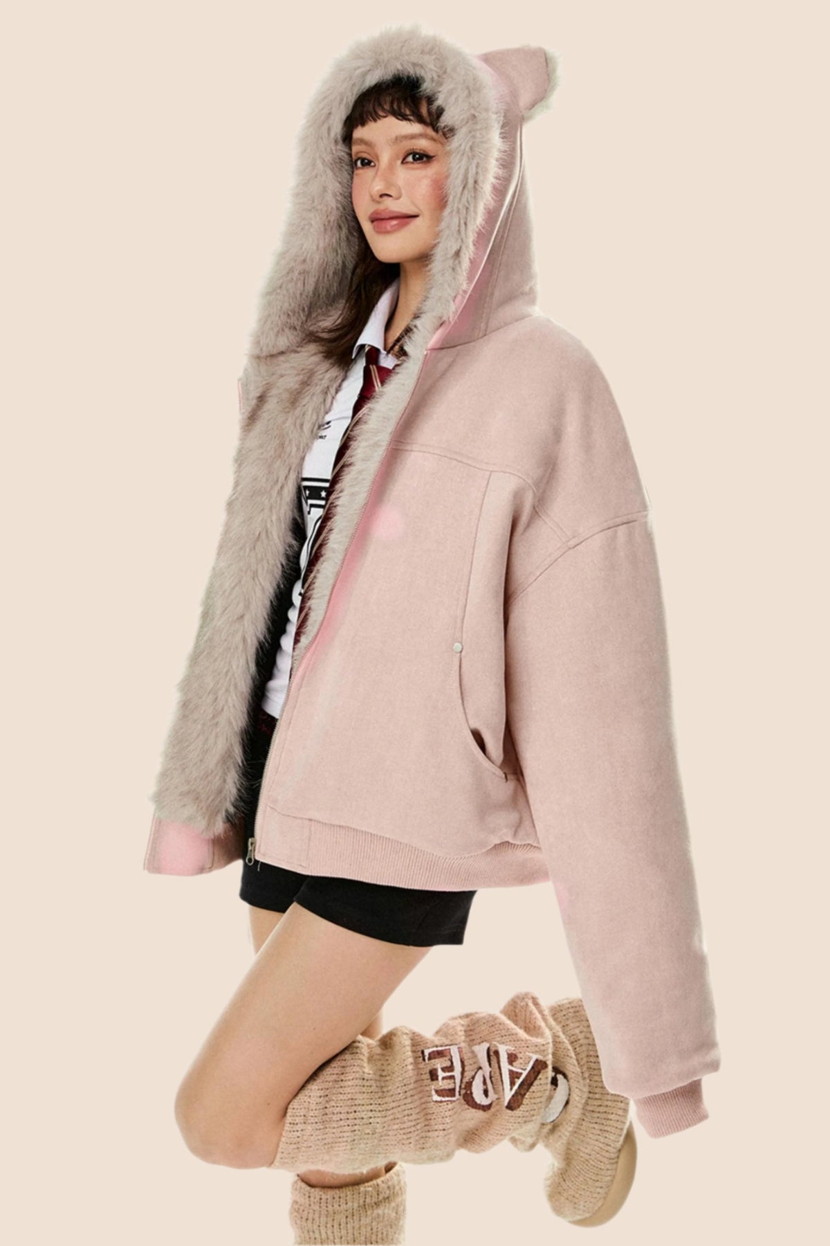 Wool Suede Fur Hooded Jacket