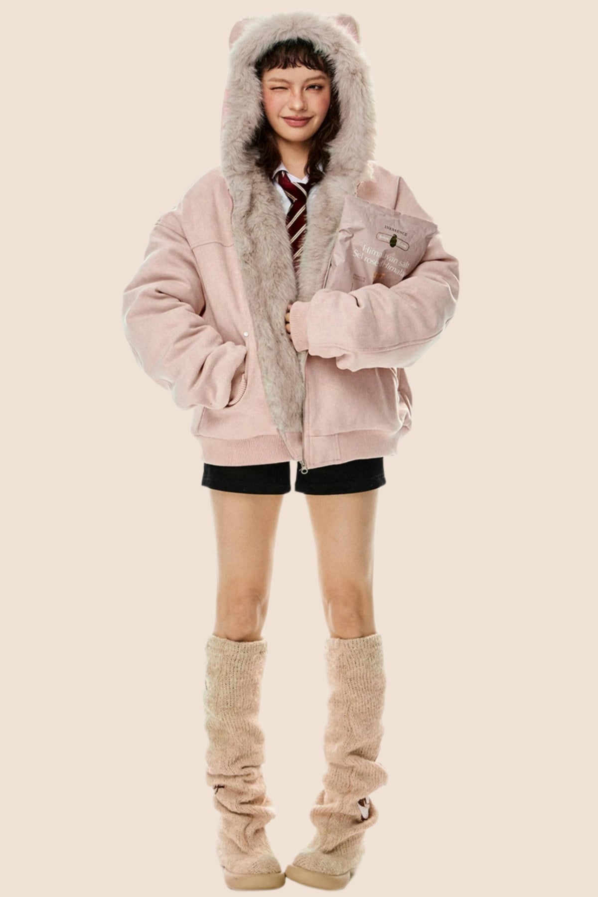 Wool Suede Fur Hooded Jacket