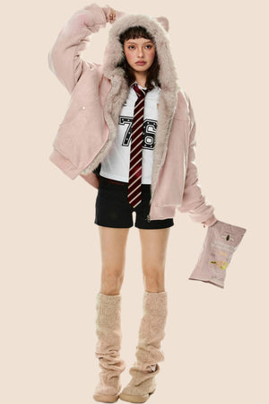 Wool Suede Fur Hooded Jacket