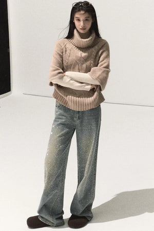 Wool Twist Knit Cape Sweater Top Skirt Set-Up