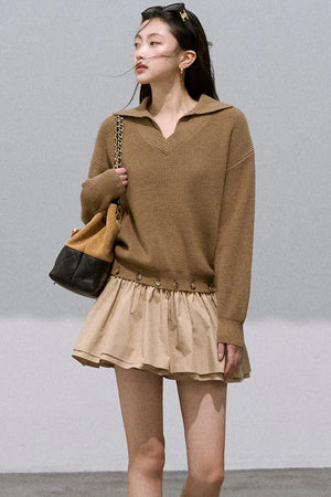 Wool V-Neck Detachable Skirt Dress