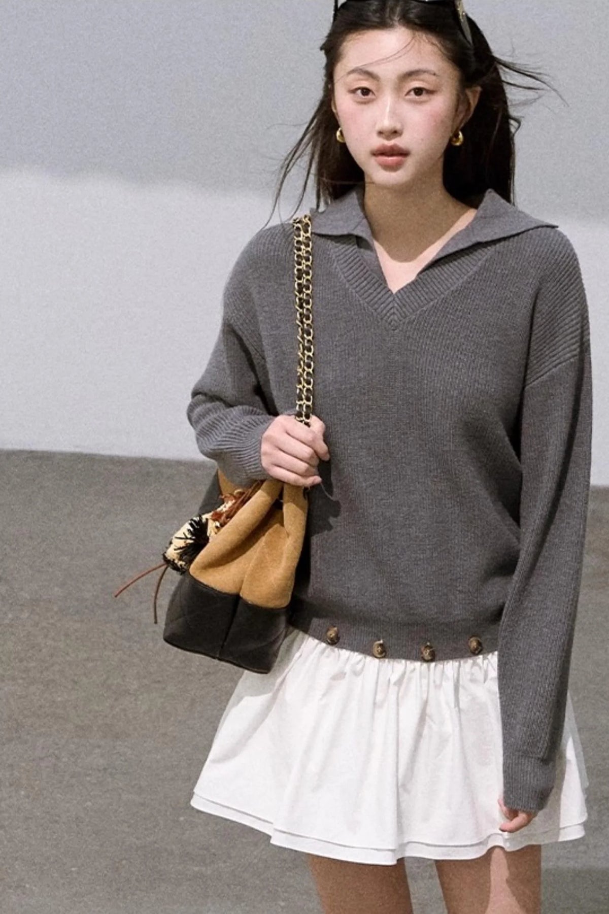 Wool V-Neck Detachable Skirt Dress