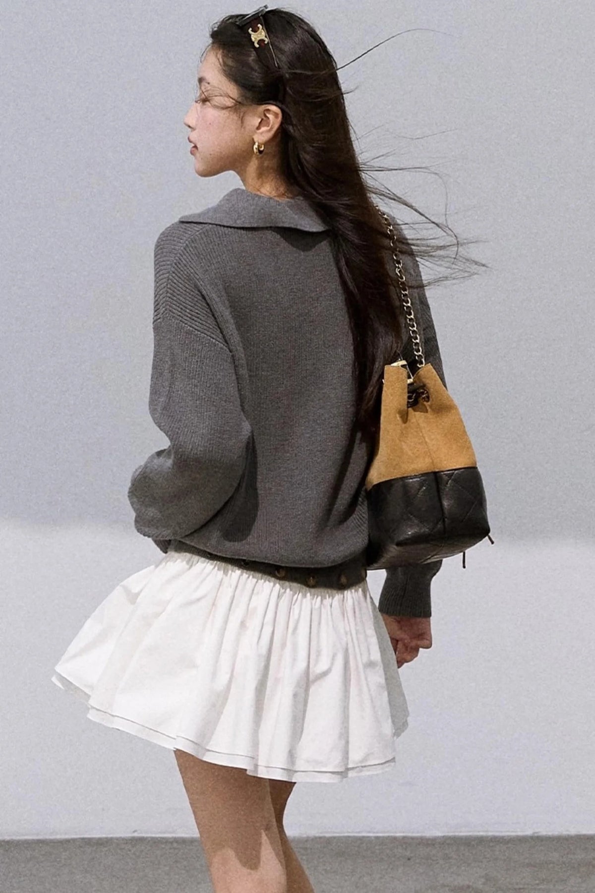 Wool V-Neck Detachable Skirt Dress