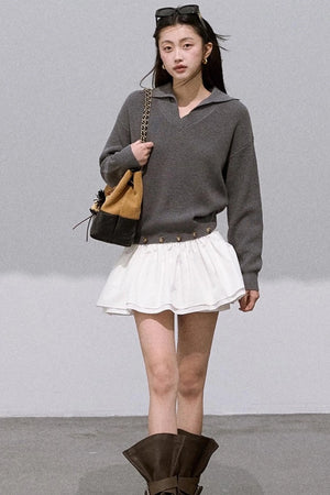 Wool V-Neck Detachable Skirt Dress