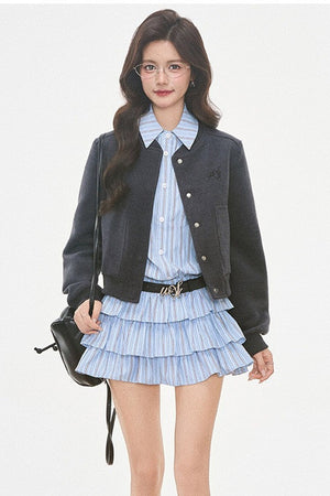 Woolen Baseball Jacket with Tiered Shirt Dress Set-Up