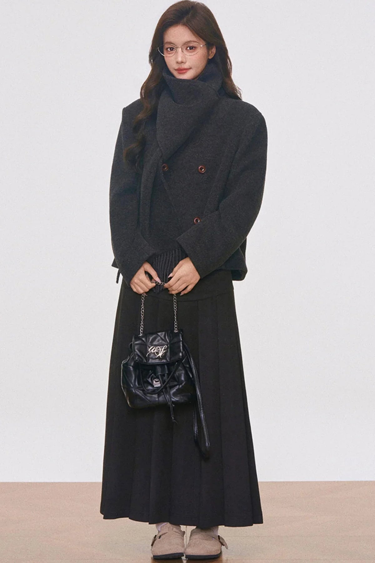 Woolen Coat with Scarf And Skirt Set-Up