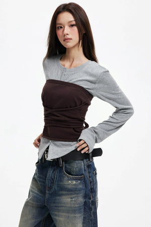 Woolen Layered Slim Knit Strap Bandeau Suit