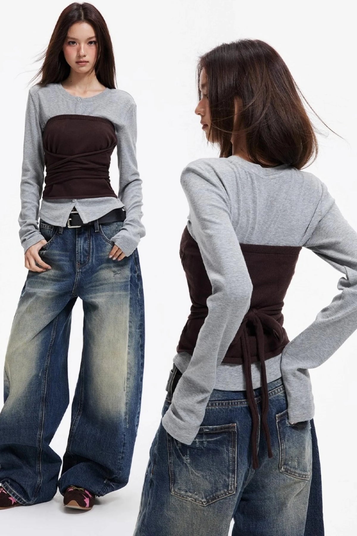 Woolen Layered Slim Knit Strap Bandeau Suit