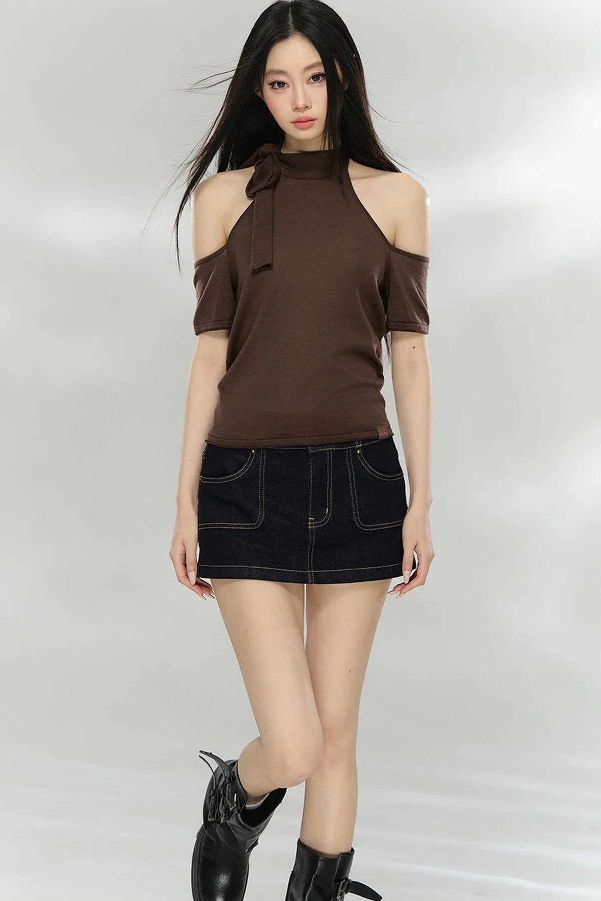 Woolen Off-Shoulder Patchwork Top