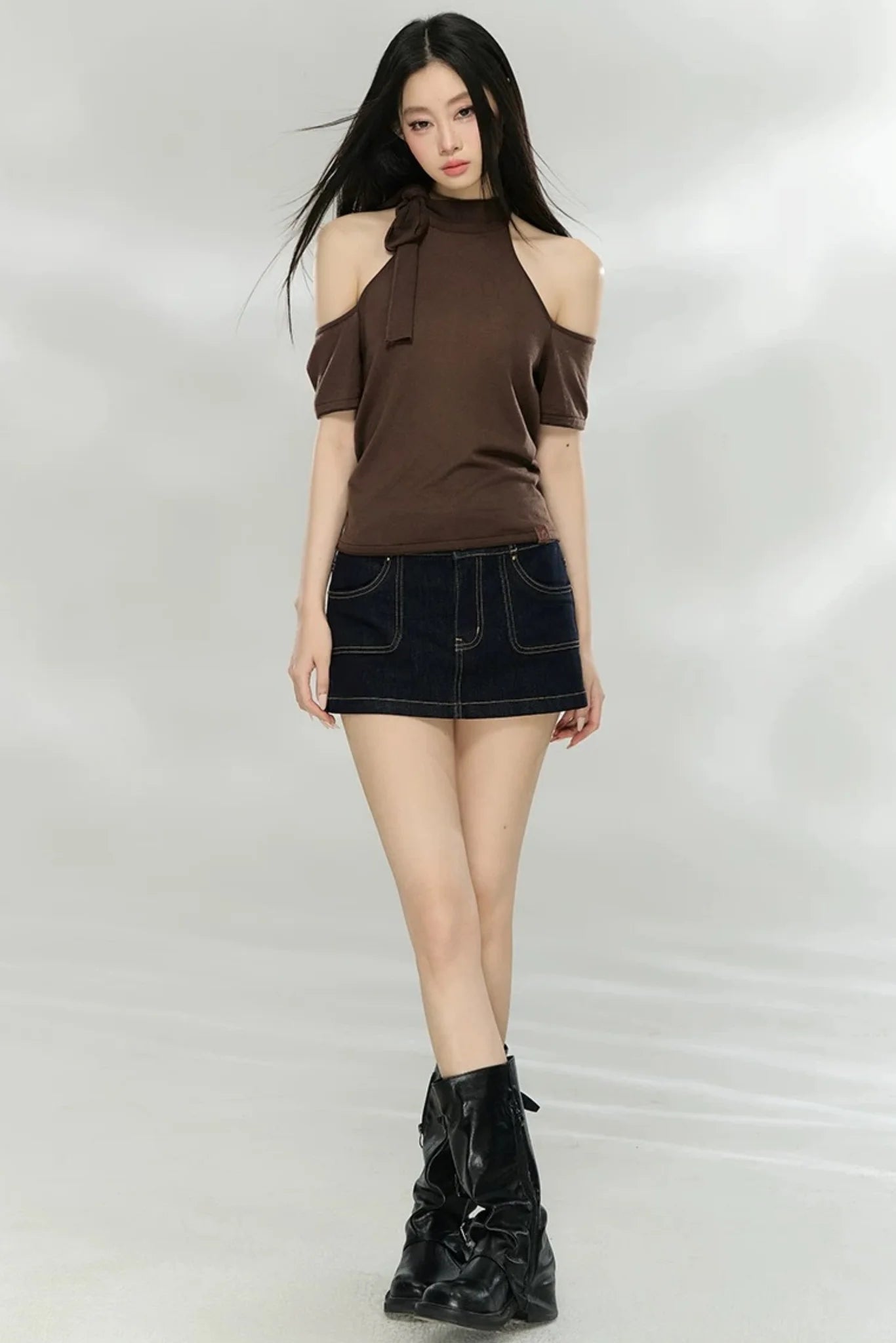 Woolen Off-Shoulder Patchwork Top
