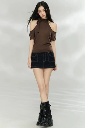 Woolen Off-Shoulder Patchwork Top
