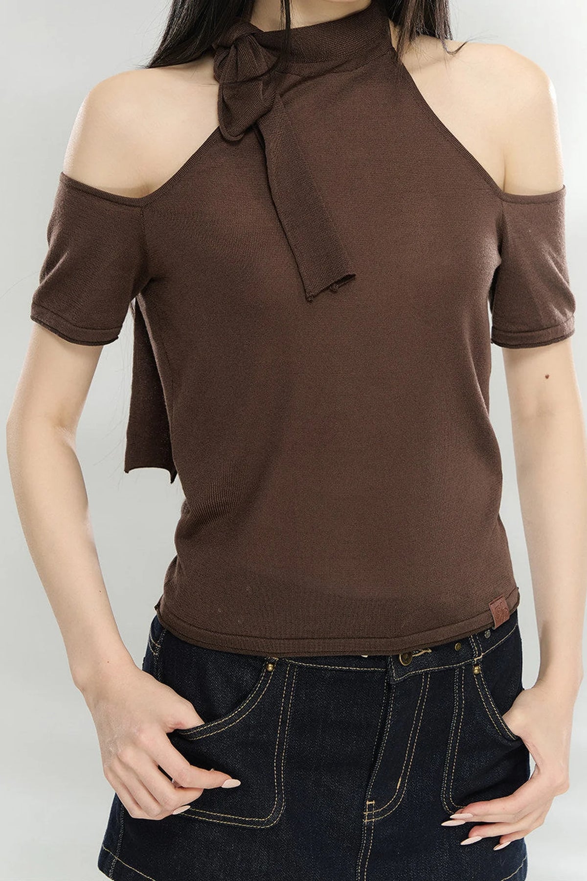 Woolen Off-Shoulder Patchwork Top