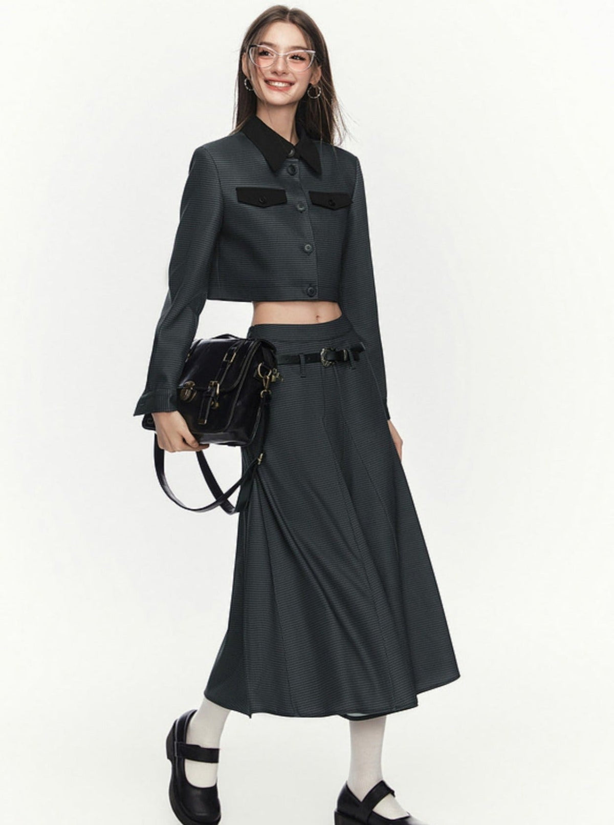Workwear Style Patterned Tops Skirt Two-Piece Set