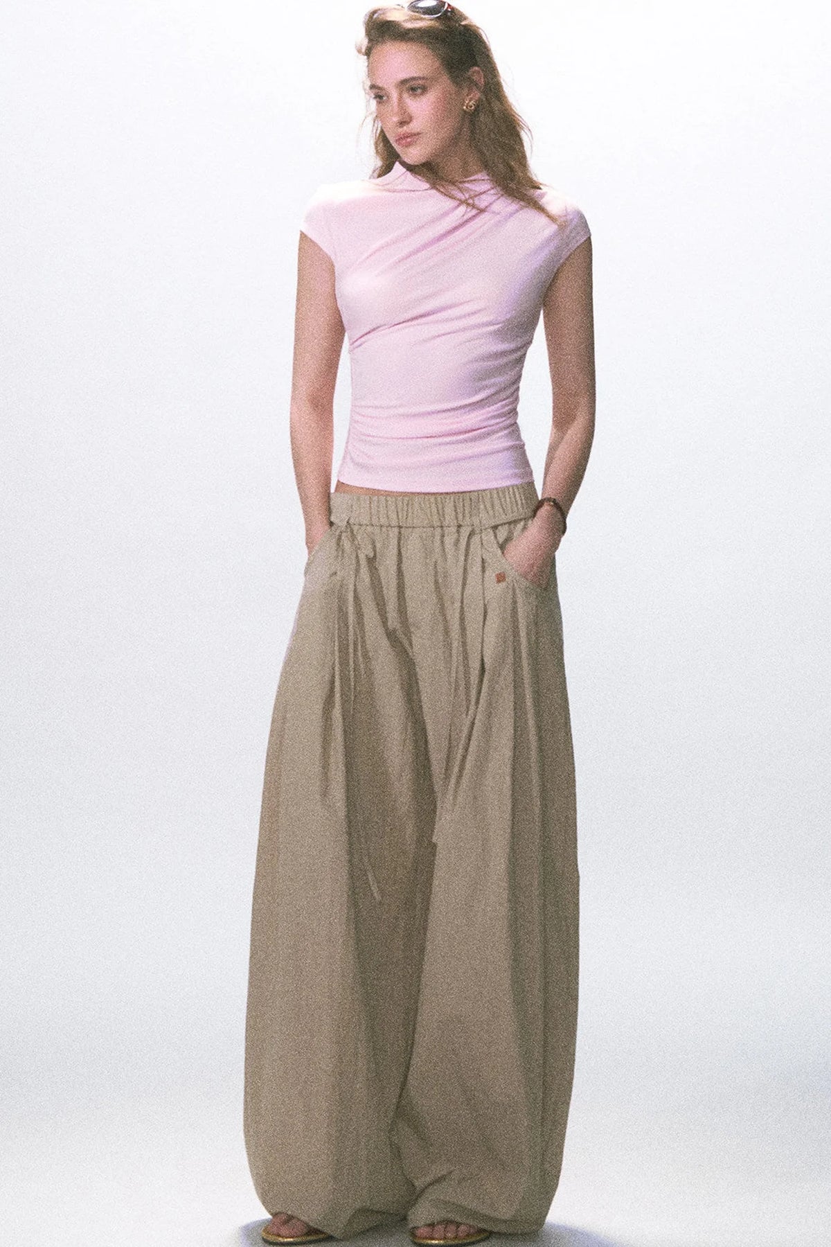 Wrinkled Twill Wide-Leg Pants