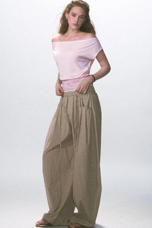 Wrinkled Twill Wide-Leg Pants