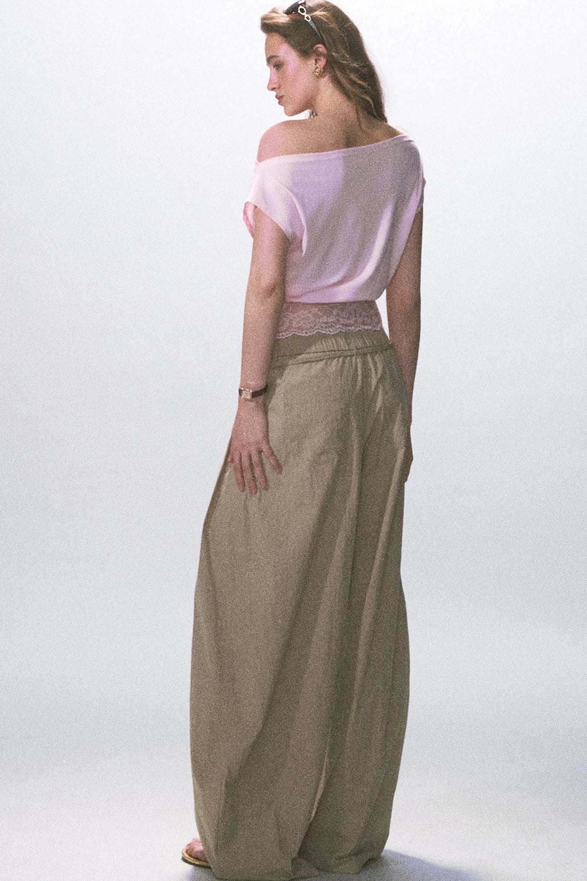 Wrinkled Twill Wide-Leg Pants