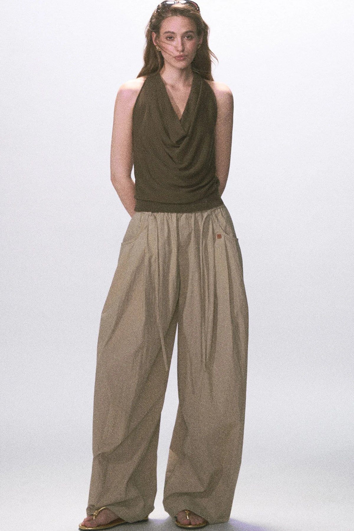 Wrinkled Twill Wide-Leg Pants
