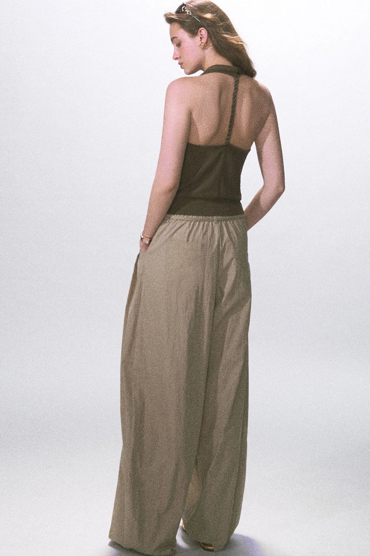 Wrinkled Twill Wide-Leg Pants