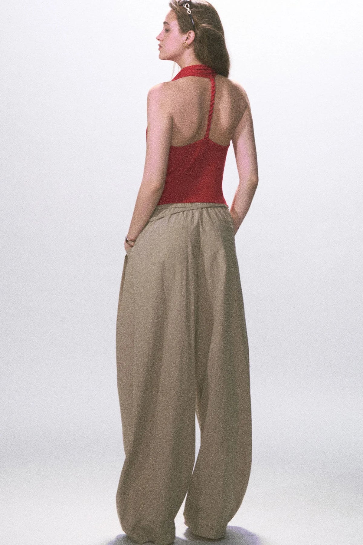 Wrinkled Twill Wide-Leg Pants