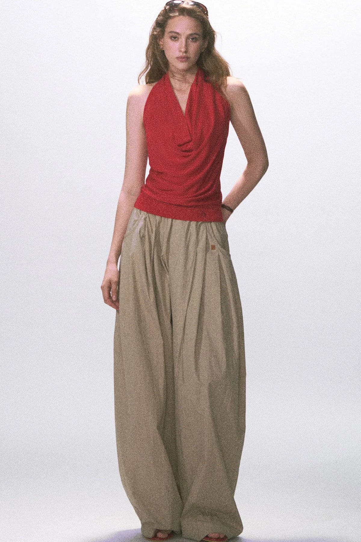 Wrinkled Twill Wide-Leg Pants