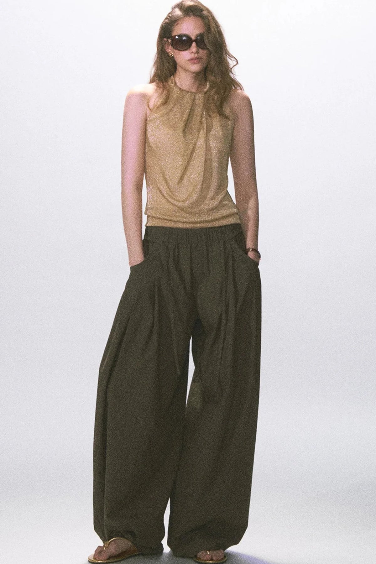 Wrinkled Twill Wide-Leg Pants