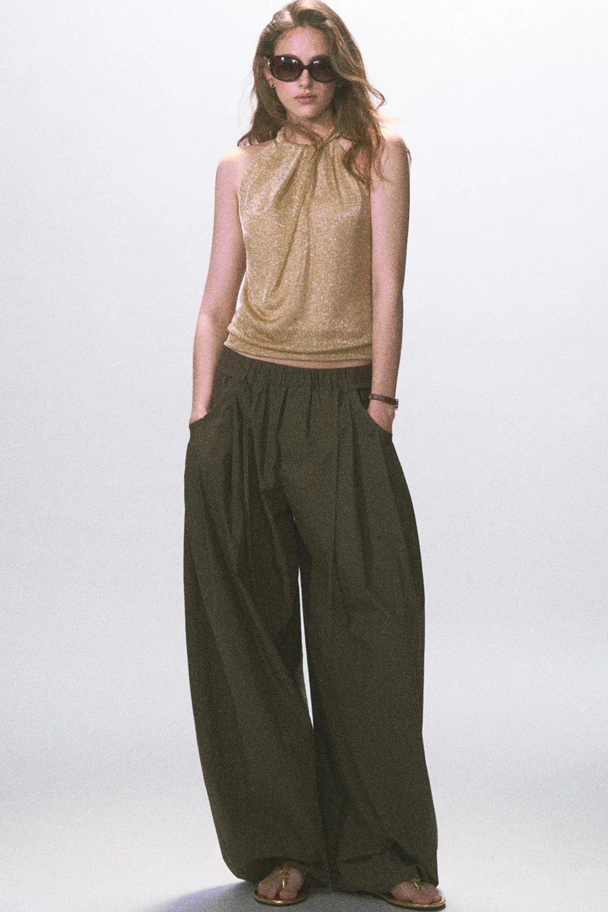 Wrinkled Twill Wide-Leg Pants