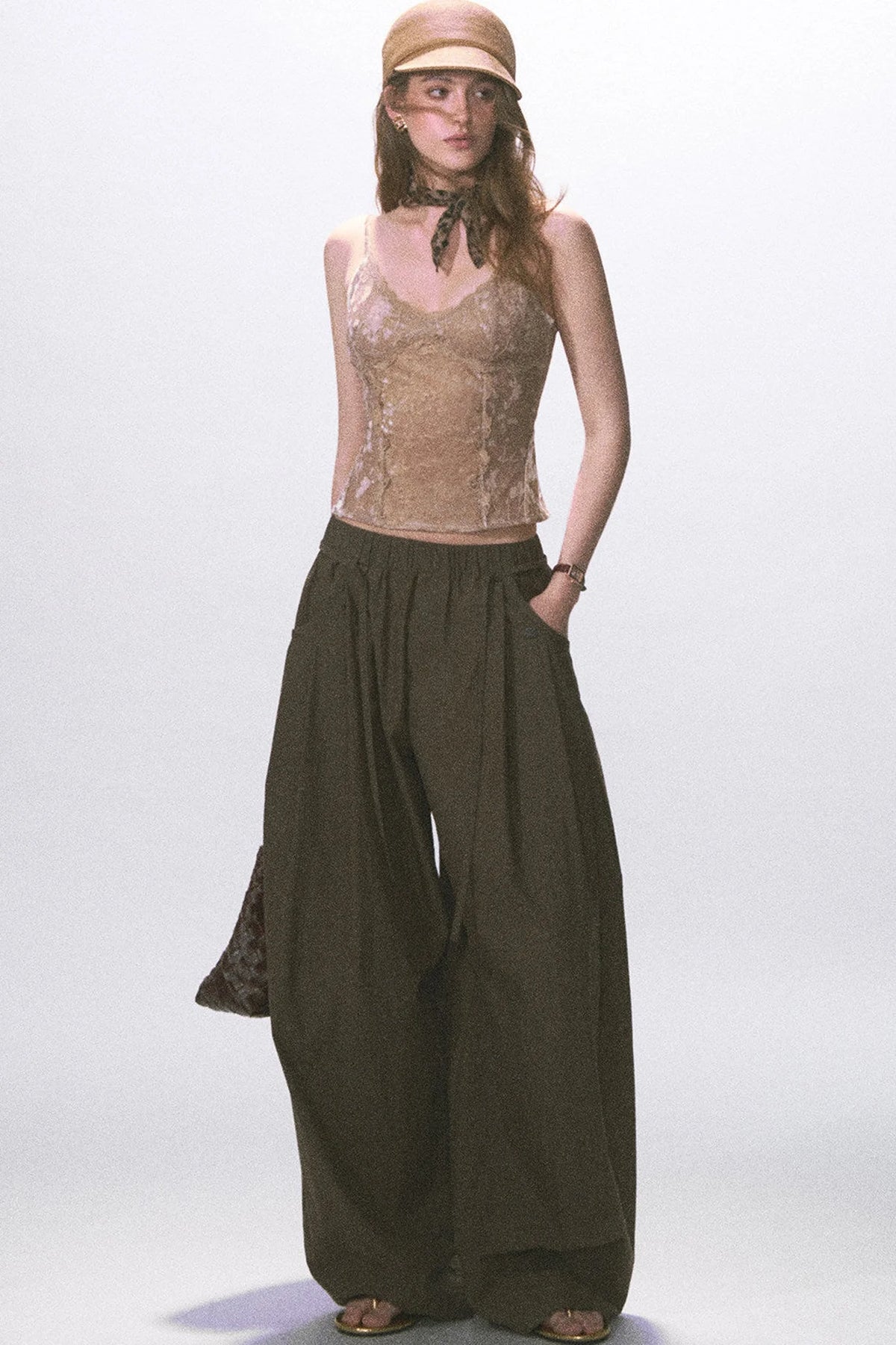 Wrinkled Twill Wide-Leg Pants