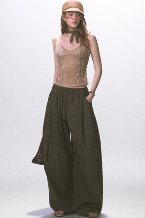 Wrinkled Twill Wide-Leg Pants