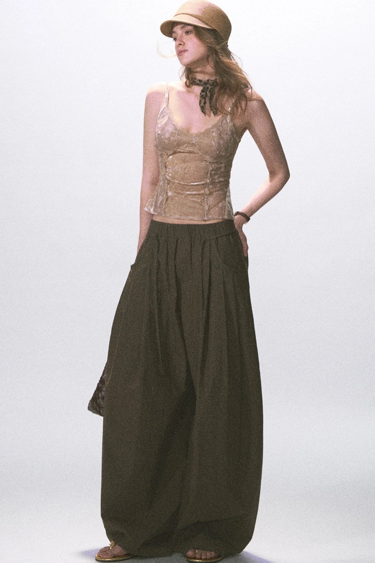 Wrinkled Twill Wide-Leg Pants