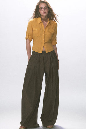 Wrinkled Twill Wide-Leg Pants